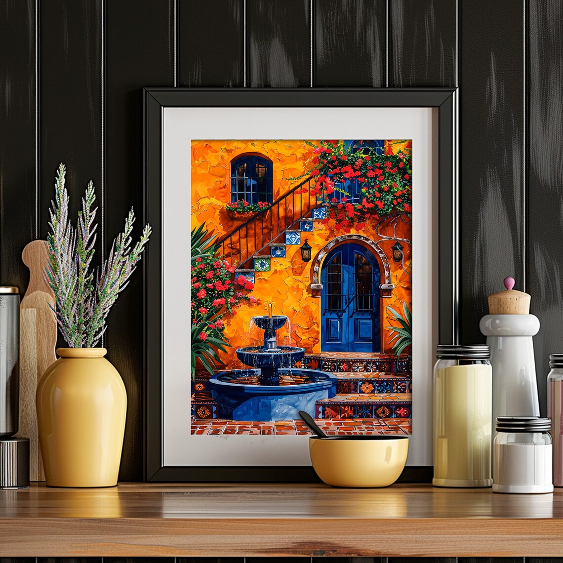 Mexican Courtyard Blue Fountain Orange Wall Stairs Bougainvillea Art Print - Image 4