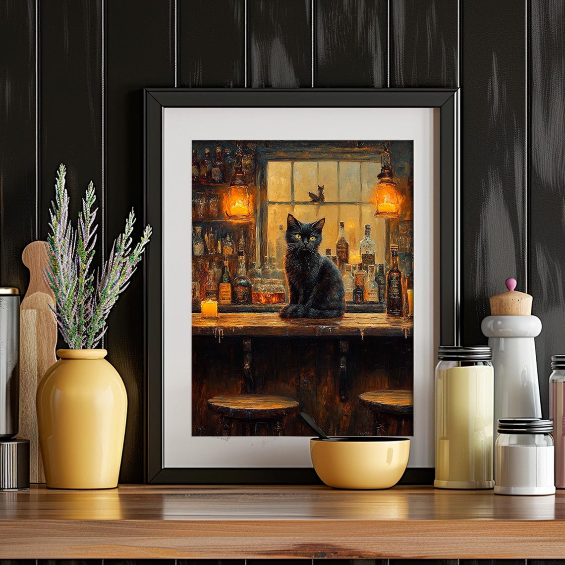 Black Cat Old Tavern Bar Counter Scene Moody Candlelit Wall Art - Image 4