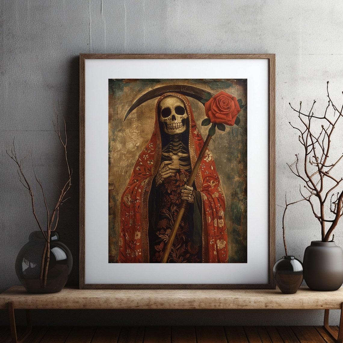Santa Muerte Skeleton in an Embroidered Red Robe with Scythe Poster - Image 4