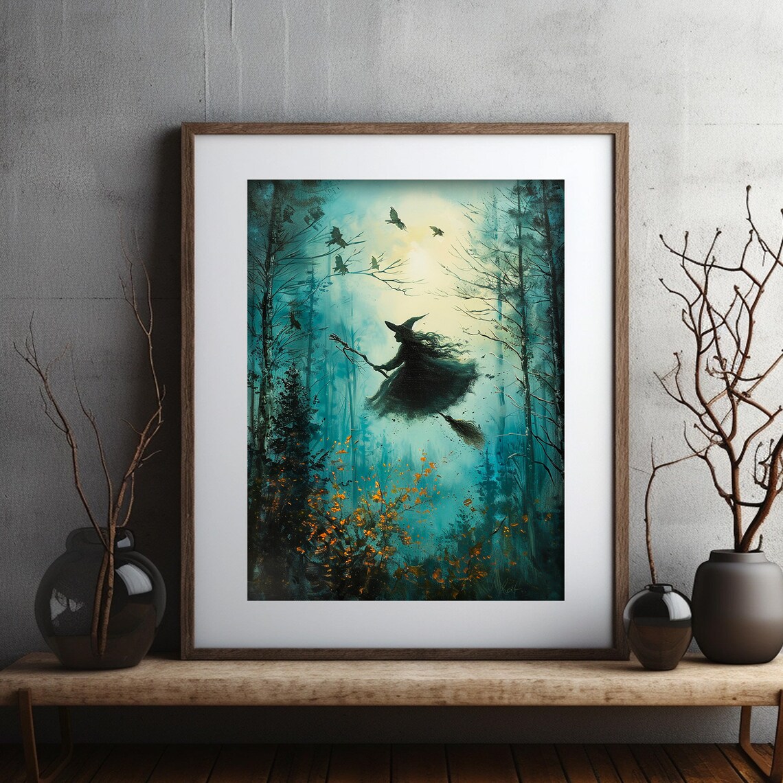Witch Flying On Broom Through Forest Night Halloween Art Poster - Image 3