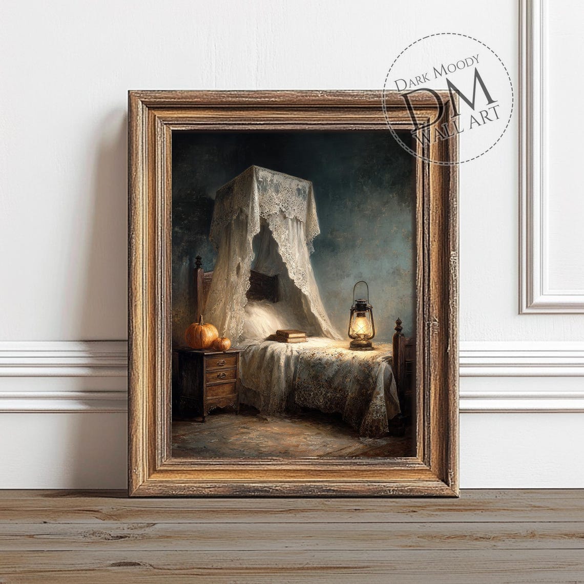 Victorian Lace Canopy Bed with Pumpkin Lantern Moody Night Poster