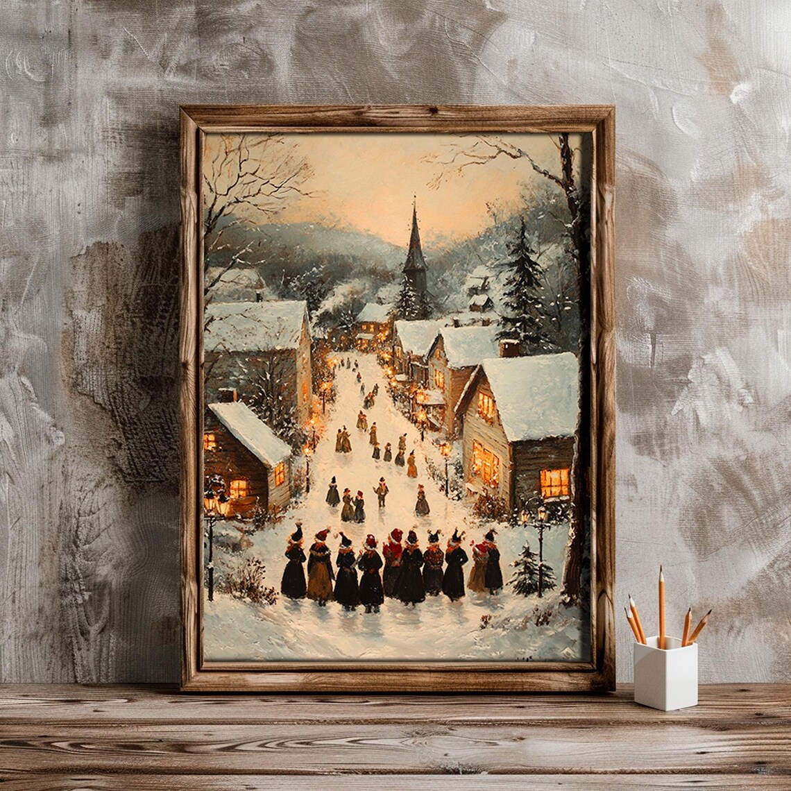 Christmas Carolers in Snowy Village Vintage Holiday Wall Art - Image 2