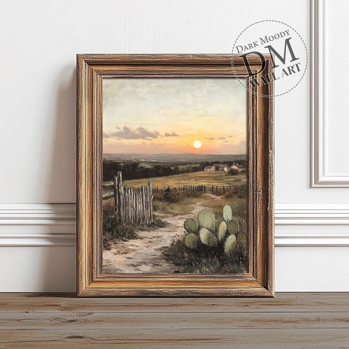 Desert Sunset Cactus Fence Country Road Western Landscape Print