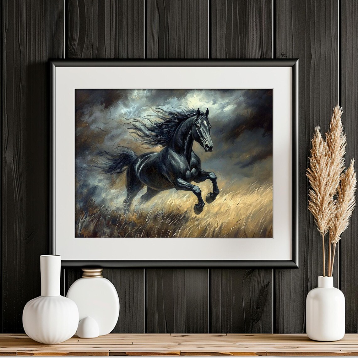 Black Horse Rearing In Golden Grass Stormy Sky Moody Equine Wall Art - Image 4