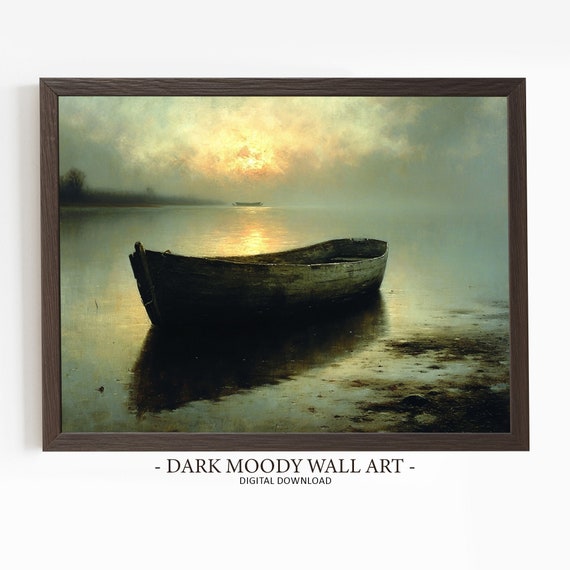 Lake House Decor Boat Painting Sunset Print Moody Landscape Dark Cottagecore Rustic Decor