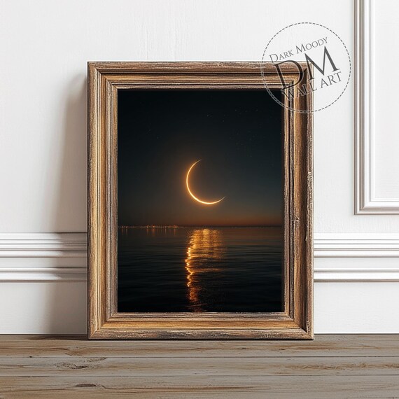 Crescent Moon Over Ocean Wall Art Moody Night Sky Seascape Print