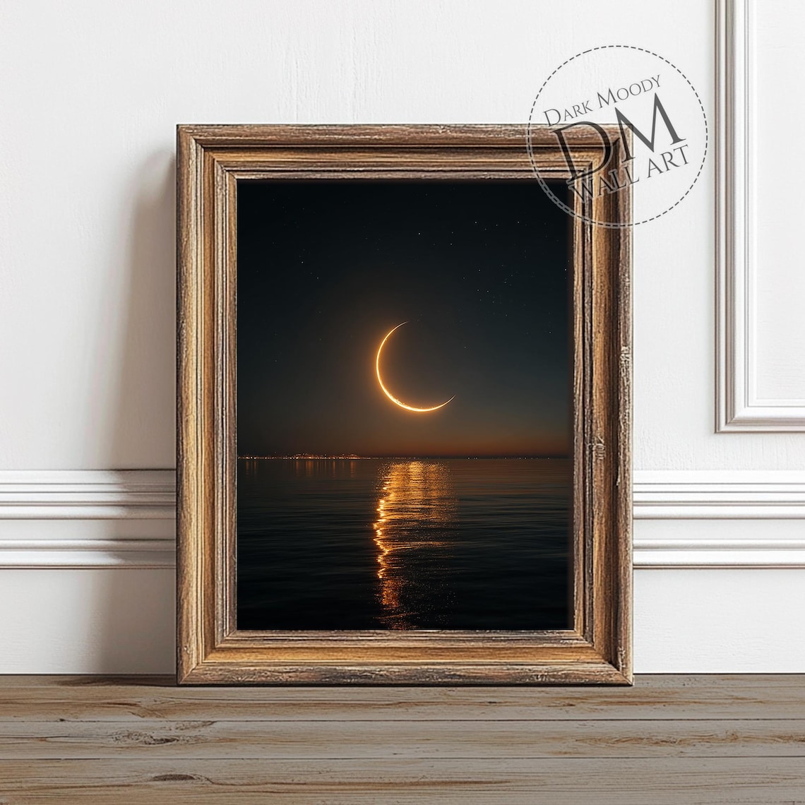Crescent Moon Over Dark Ocean Night Seascape Moody Lunar Wall Art