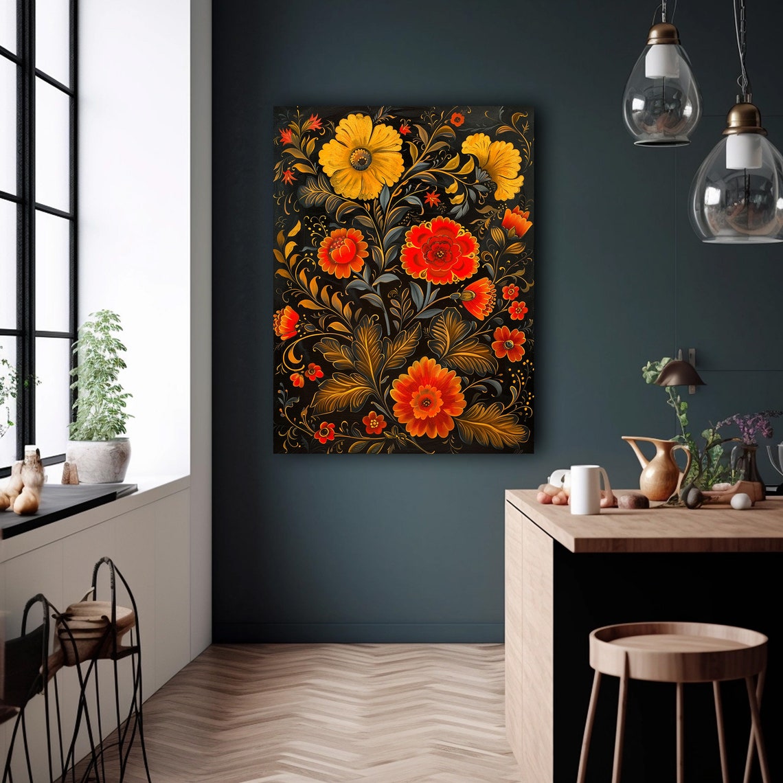Russian Khokhloma Folk Floral Pattern Black Gold Art Decor Poster - Image 5