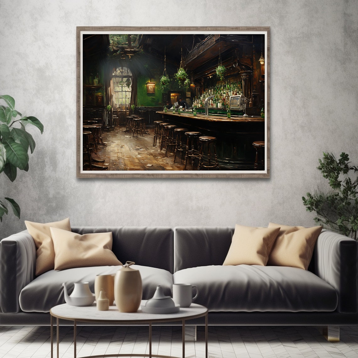 Dark Irish Pub Bar Interior Stools Hanging Plants Moody Poster - Image 3