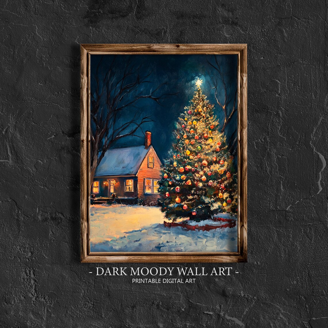 Outdoor Christmas Tree Glowing Beside Cottage Night Art Print
