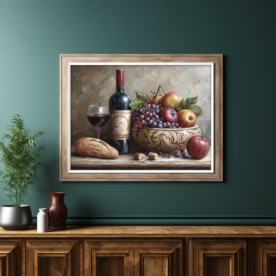 Vintage Wine Bottle Fruit Bowl Still Life Oil Painting Wall Art - Image 6
