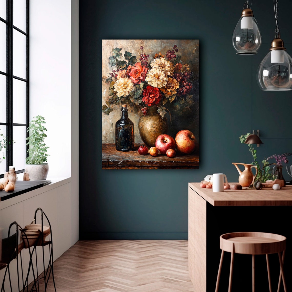 Dahlia Apple Rustic Still Life Dark Moody Kitchen Art Poster - Image 2