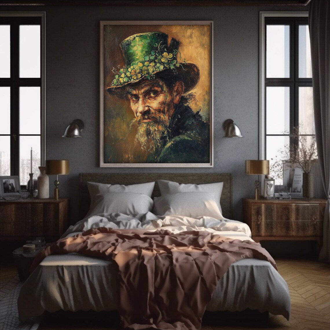 Old Irish Man Green Hat Shamrock Portrait Oil Painting Poster - Image 4