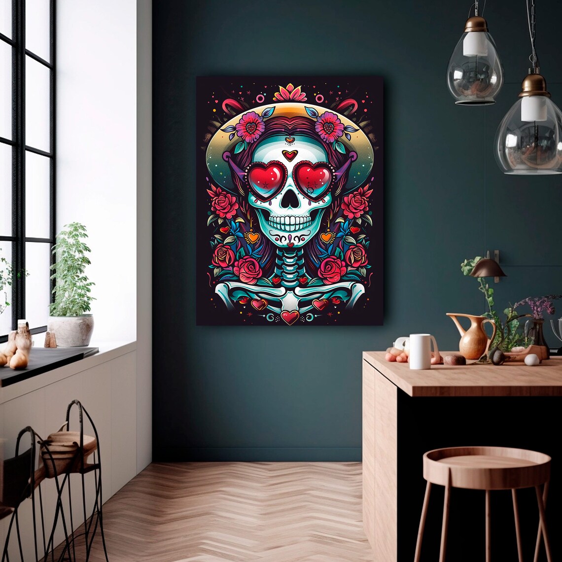 Day Of The Dead Skeleton Woman Heart Sunglasses Mexican Folk Poster - Image 2