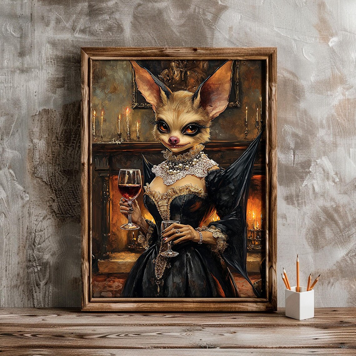 Gothic Bat Lady Black Gown Wine Glass Fireside Portrait Art Poster - Image 3