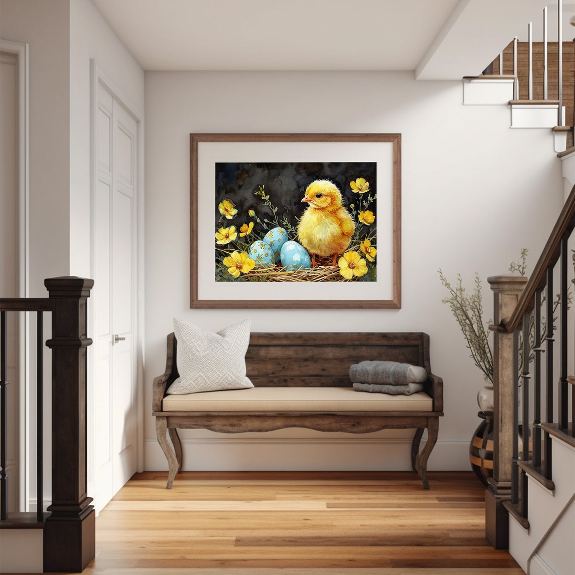 Easter Chick Prints Spring Wall Art Rustic Decor Moody Farmhouse Watercolor Painting - Image 2