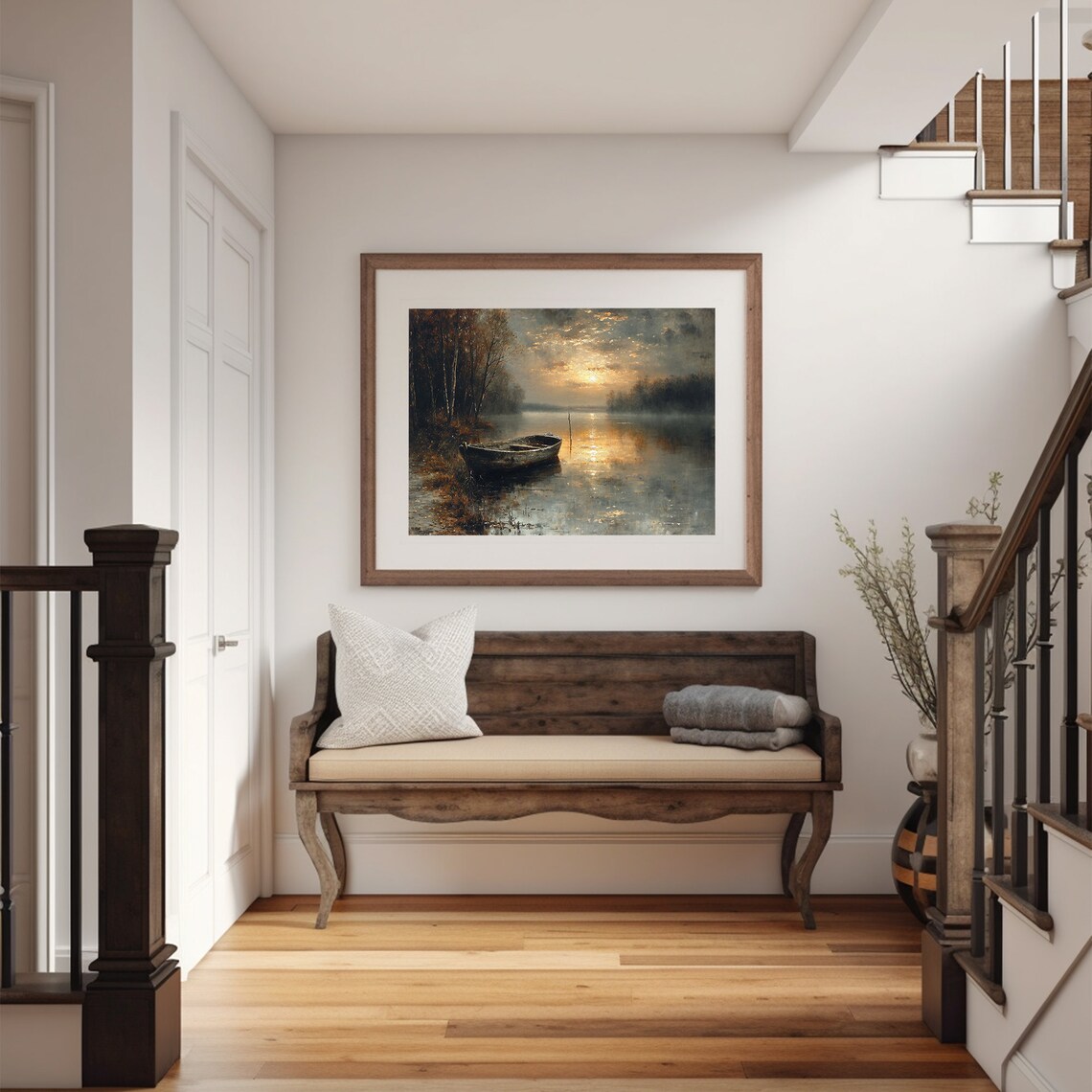 Rowboat Foggy Lake Sunrise Misty Golden Water Landscape Poster - Image 5