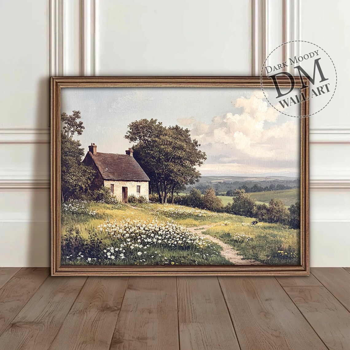 French Countryside Cottage, Rustic Field Landscape Art Print