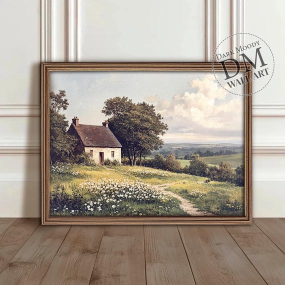 French Countryside Cottage, Rustic Field Landscape Art Print