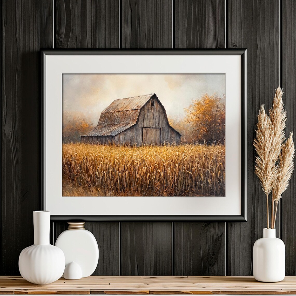 Weathered Wooden Barn in Golden Harvest Field Misty Morning Vintage Poster - Image 4