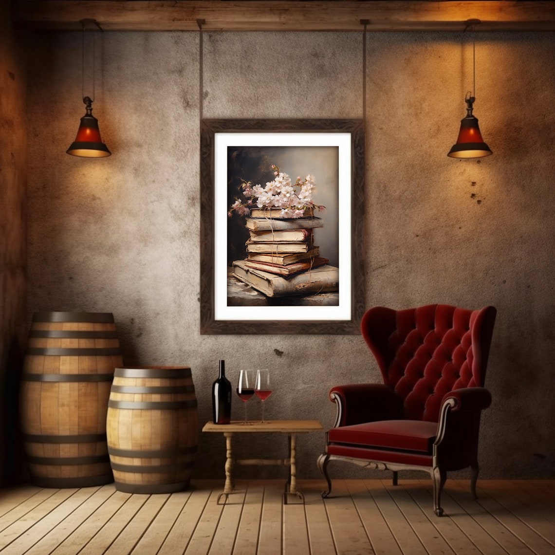 Antique Books Stack White Blossoms Vintage Library Decor Poster - Image 2