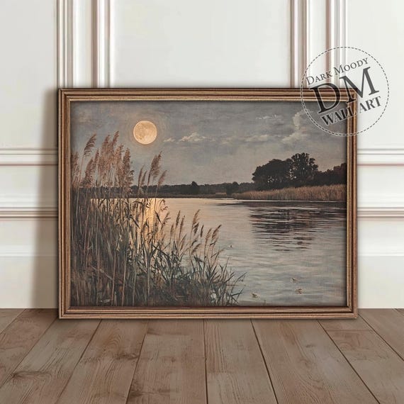 Scandinavian Moonlit River Landscape Wall Art Nordic Night Scene