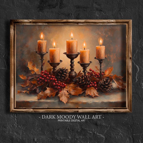 Candles Print Autumn Leaves Wall Art Autumn Country Decor Fall Wall Art Moody Farmhouse Decor Fall Pinecone Berries Painting