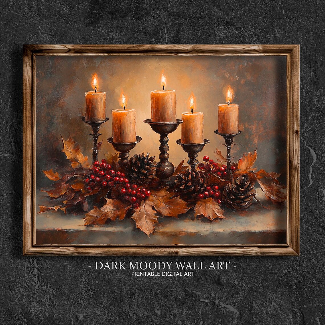 Five Lit Candles With Autumn Leaves Pinecones Berries Cozy Fall Painting Poster
