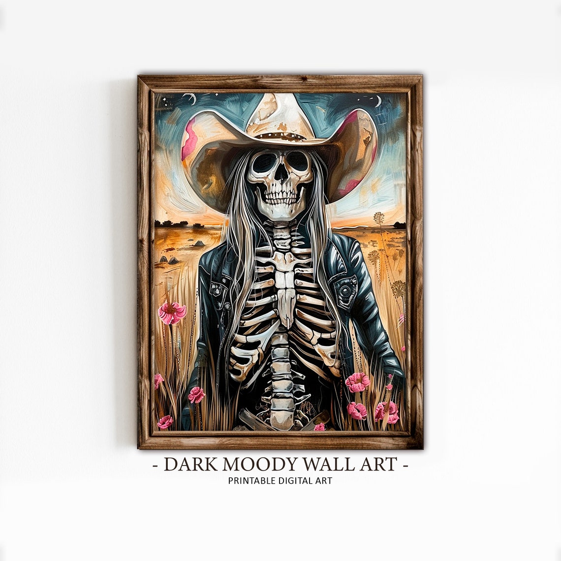 Cowgirl Skeleton Cowboy Hat Desert Sunset Pink Flowers Art Poster