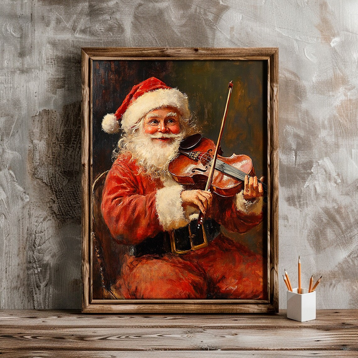 Cheerful Santa Playing Violin Vintage Christmas Music Scene Print - Image 3