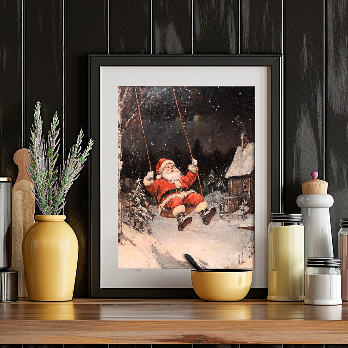 Santa Claus Swinging Winter Night Vintage Christmas Art Print - Image 4