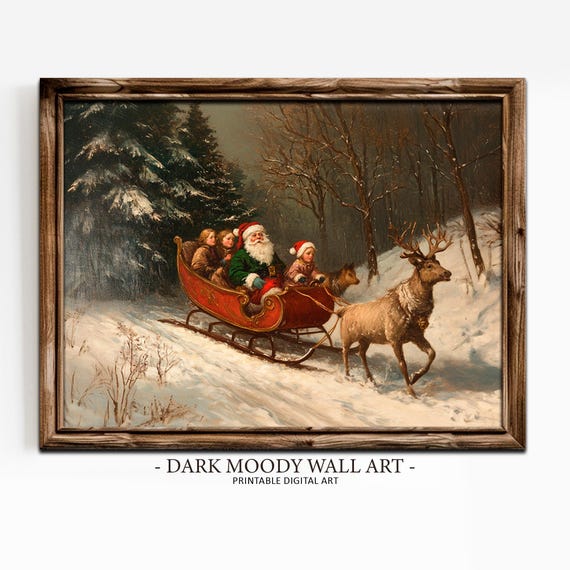 Santas Sleigh And Reindeer Print Vintage Christmas Painting Dark Moody Wall Art