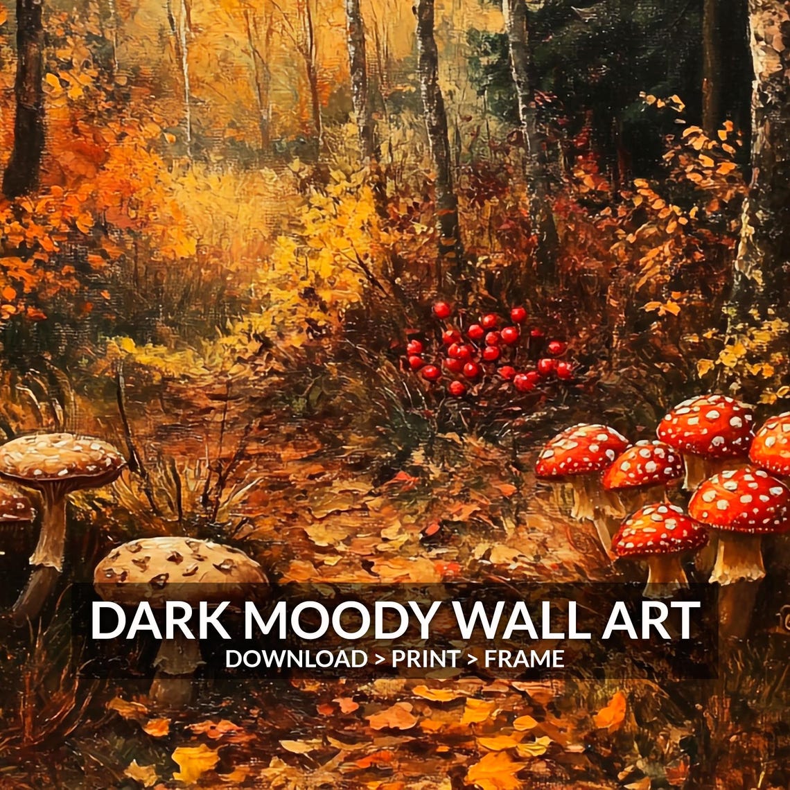 Mushrooms Leafy Forest Path Glowing Orange Canopy Autumn Wall Art - Image 6