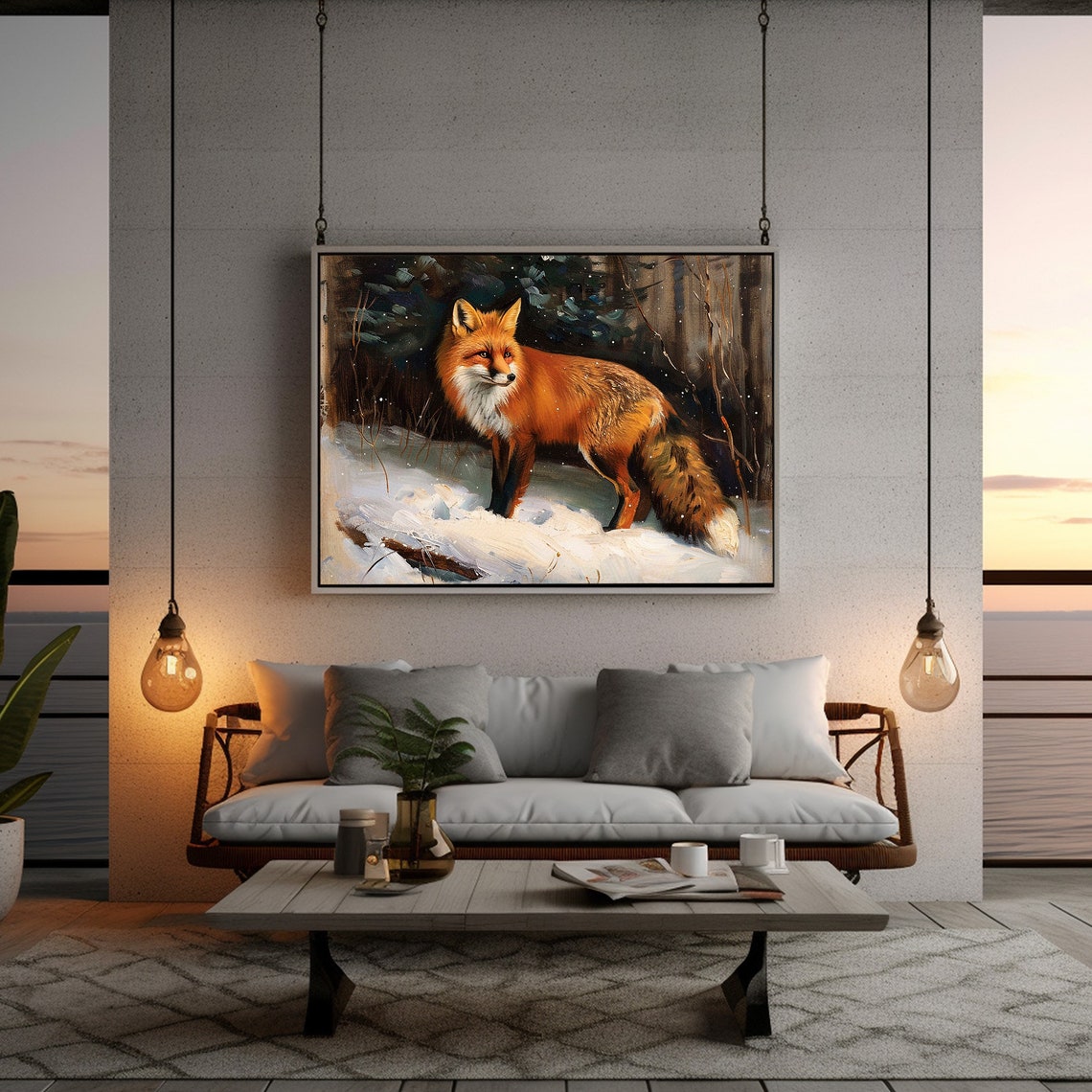 Red Fox Standing In Snow Winter Forest Wildlife Oil Painting Poster - Image 5