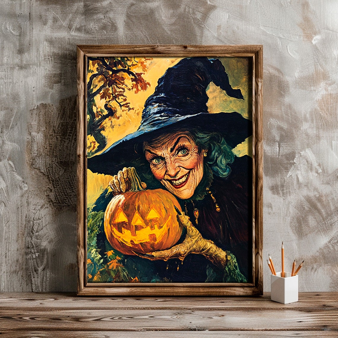 Old Witch Holding Glowing Jack O Lantern Vintage Halloween Poster - Image 2