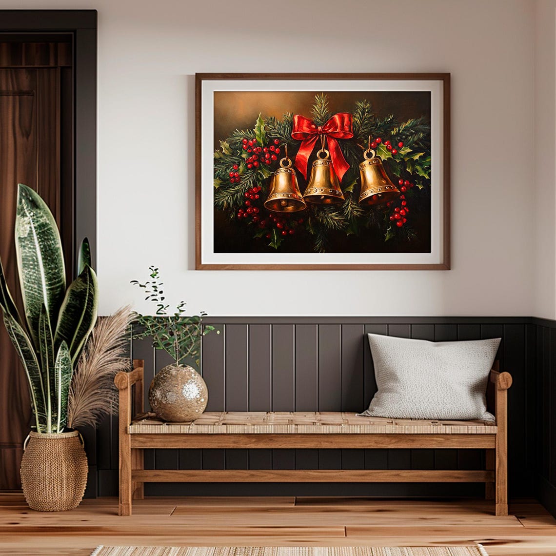 Golden Christmas Bells Red Bow Holly Berries Holiday Wall Art - Image 2