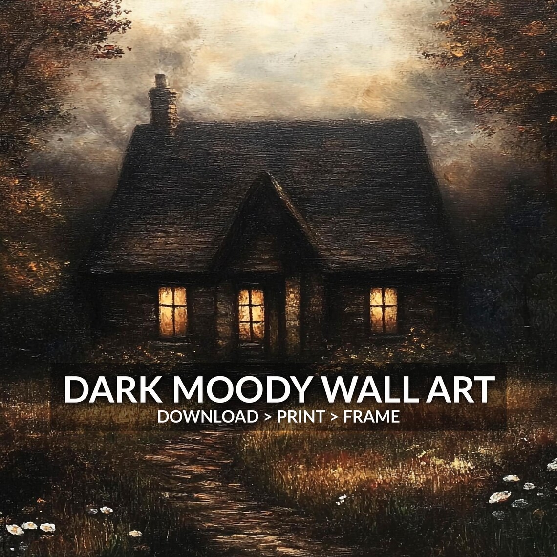 Haunted Dark Cottage Glowing Windows Autumn Night Moody Art Poster - Image 6