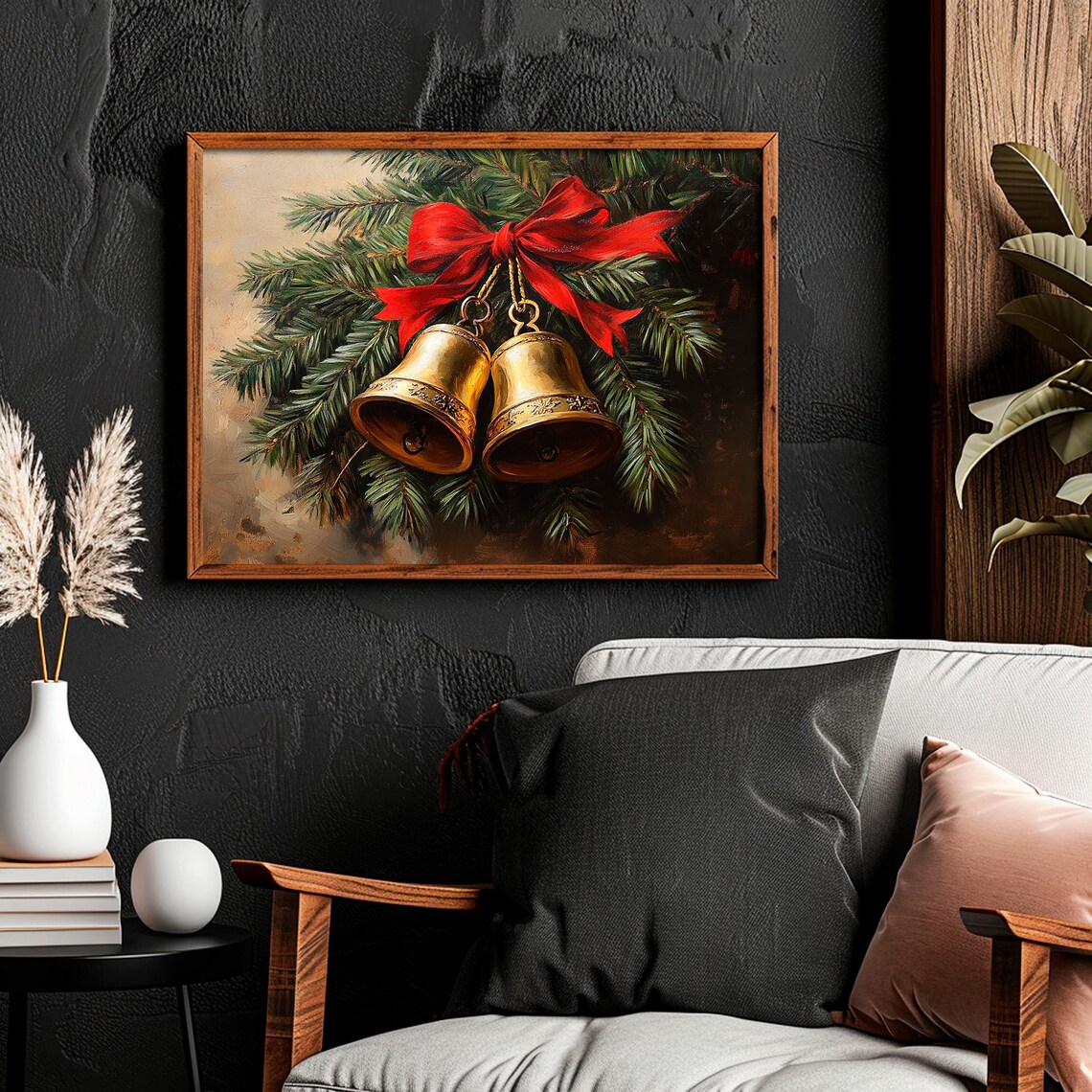 Golden Christmas Bells Red Bow Pine Branch Vintage Holiday Art Poster - Image 4