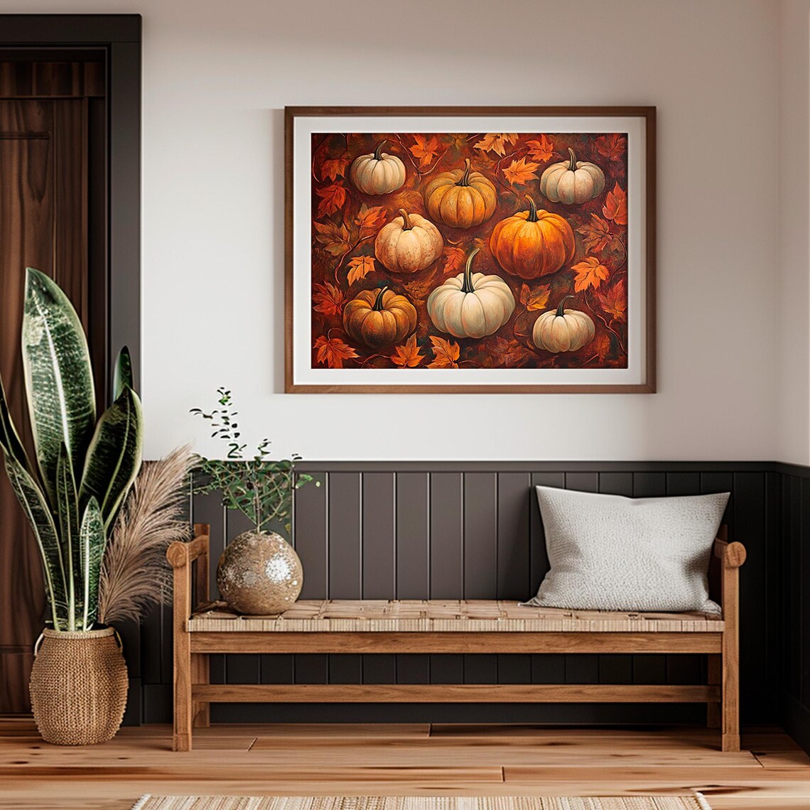 Pumpkins Fall Leaves Harvest Still Life Vintage Autumn Wall Art - Image 2