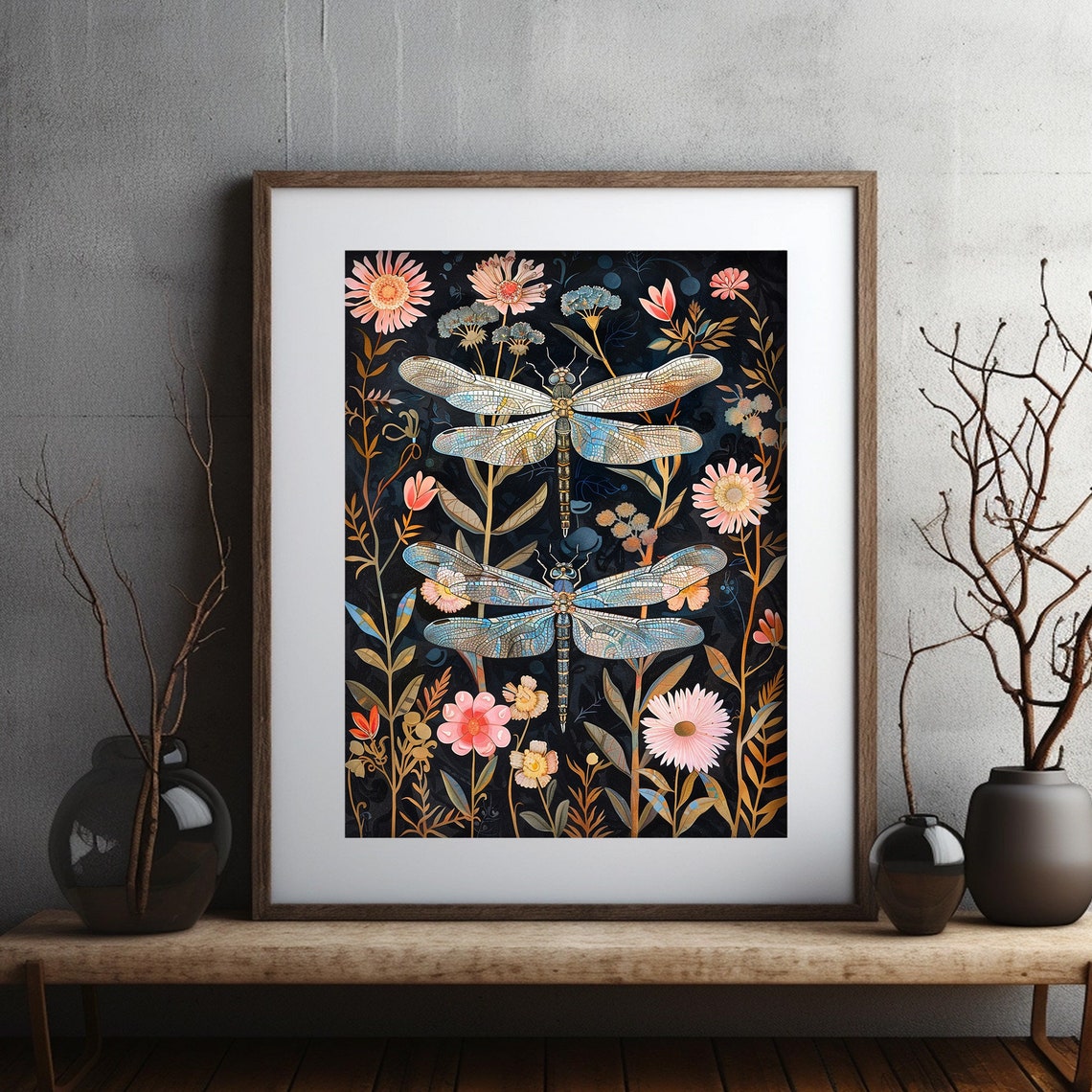Dark Botanical Dragonfly Floral Black Background Painting Poster - Image 2
