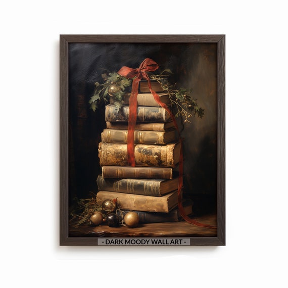 Christmas Stacked Books Painting Vintage Christmas Winter Wall Decor Holiday Season Wall Decoration Dark Academia Moody Book Lover Print