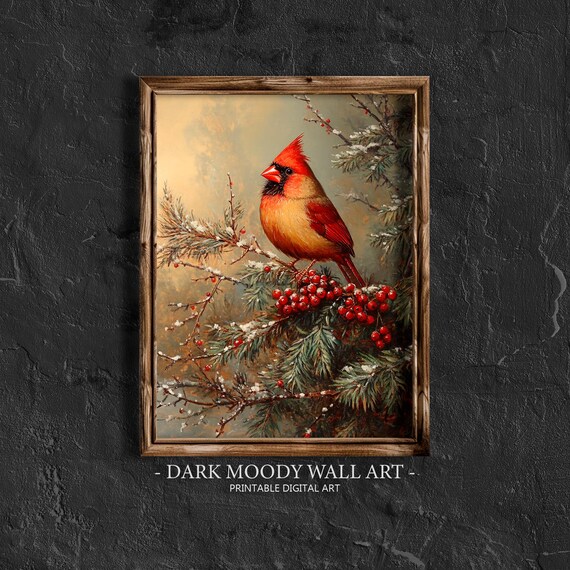 Vintage Rustic Cardinal Winter Bird Art Print