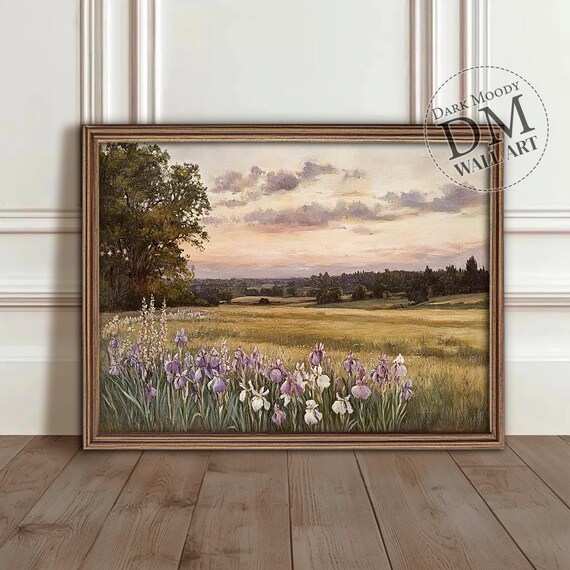 Iris Field French Countryside Sunset Landscape Oil Painting Print