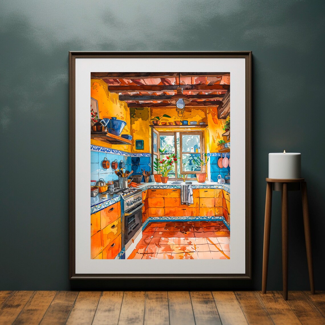 Bright Mexican Kitchen Watercolor Orange Tiles Blue Accents Painting Poster - Image 4