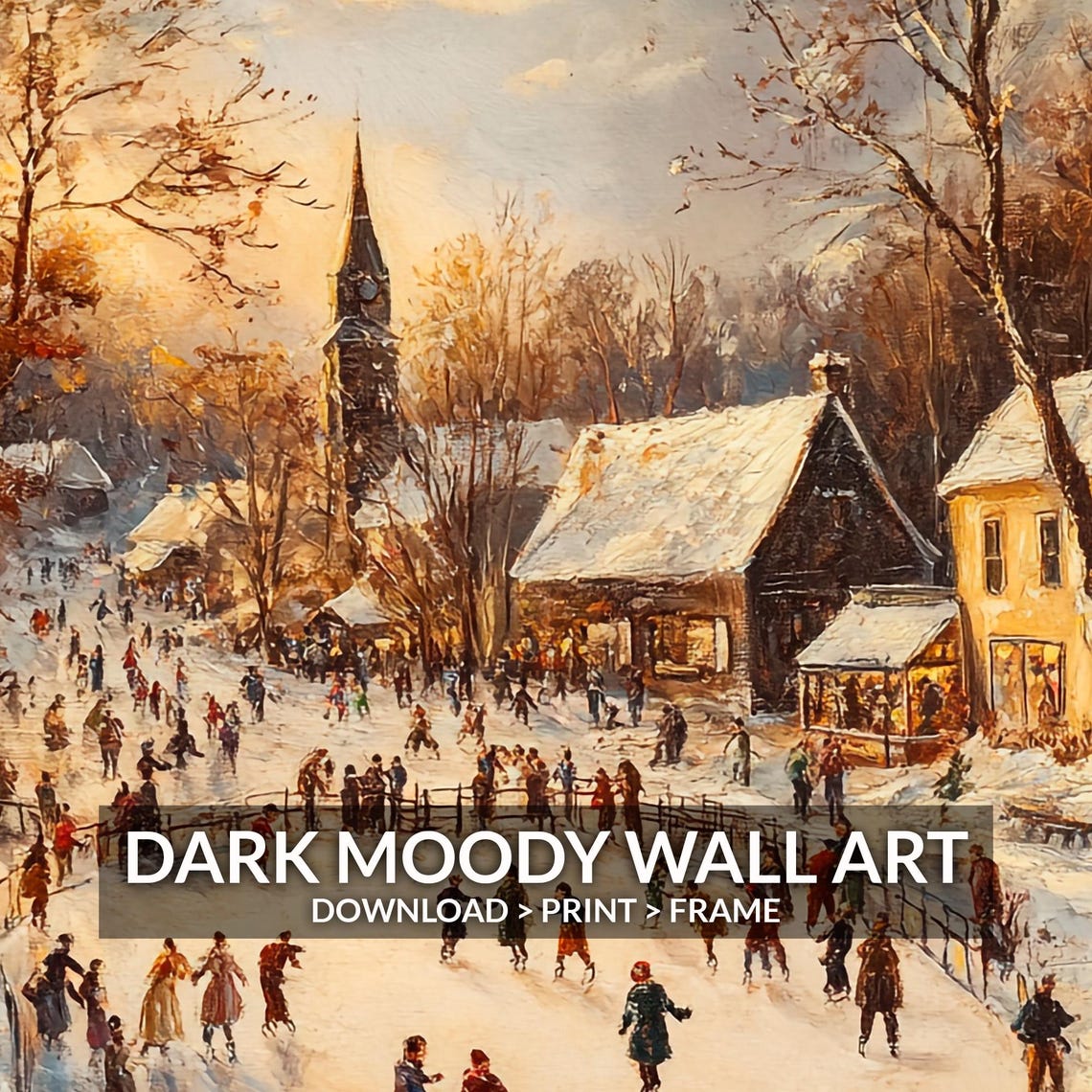 Ice Skaters on Frozen Village Pond Golden Winter Sunset Wall Art - Image 6