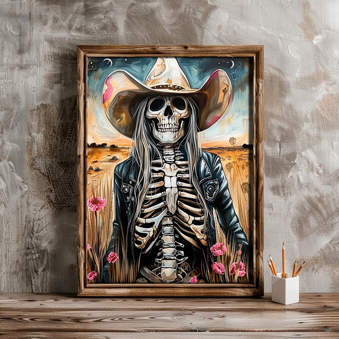 Cowgirl Skeleton Cowboy Hat Desert Sunset Pink Flowers Art Poster - Image 4