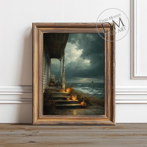 Pumpkin Porch By The Sea Wall Art Jack O Lantern Halloween Print