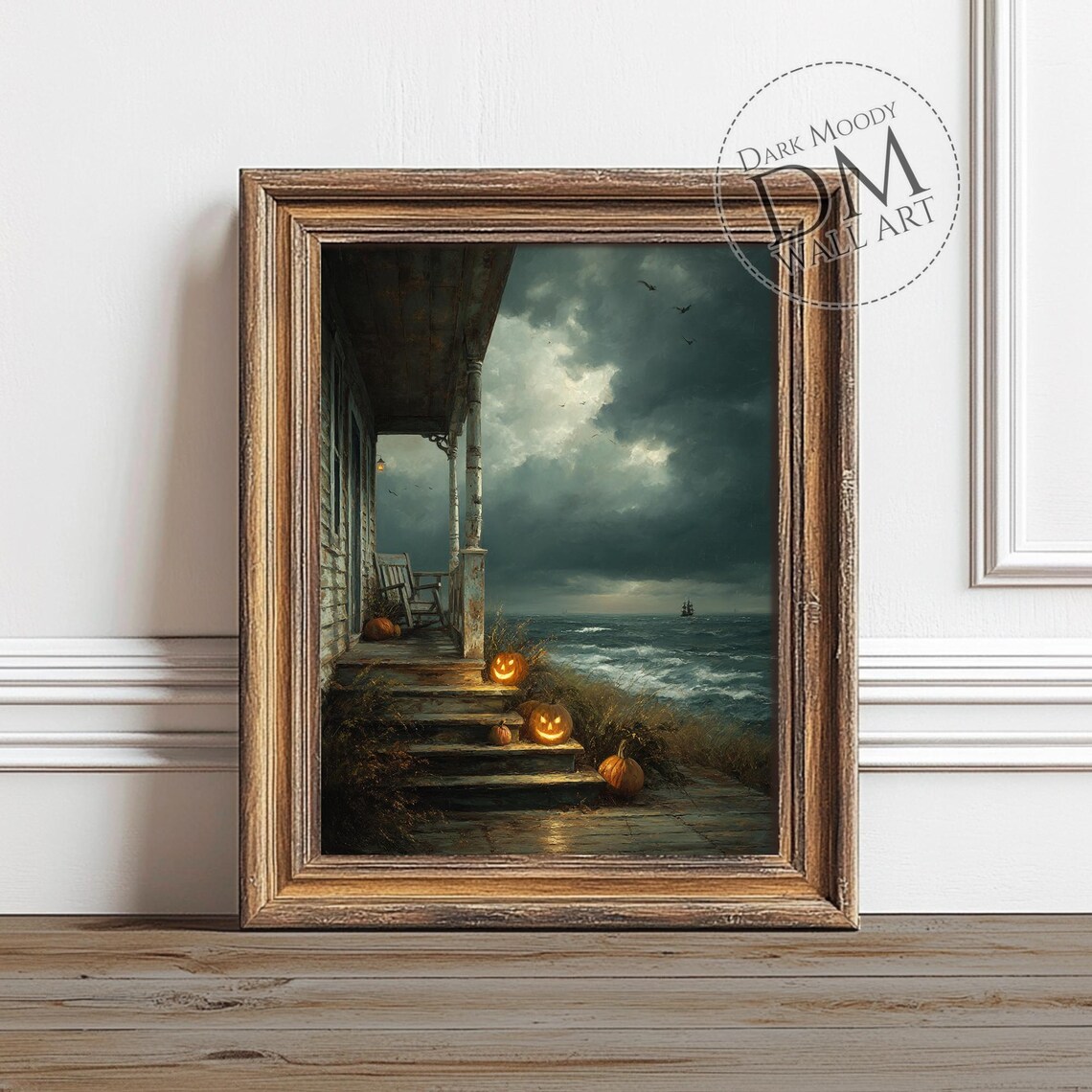 Pumpkin Porch By The Sea Wall Art Jack O Lantern Halloween Print