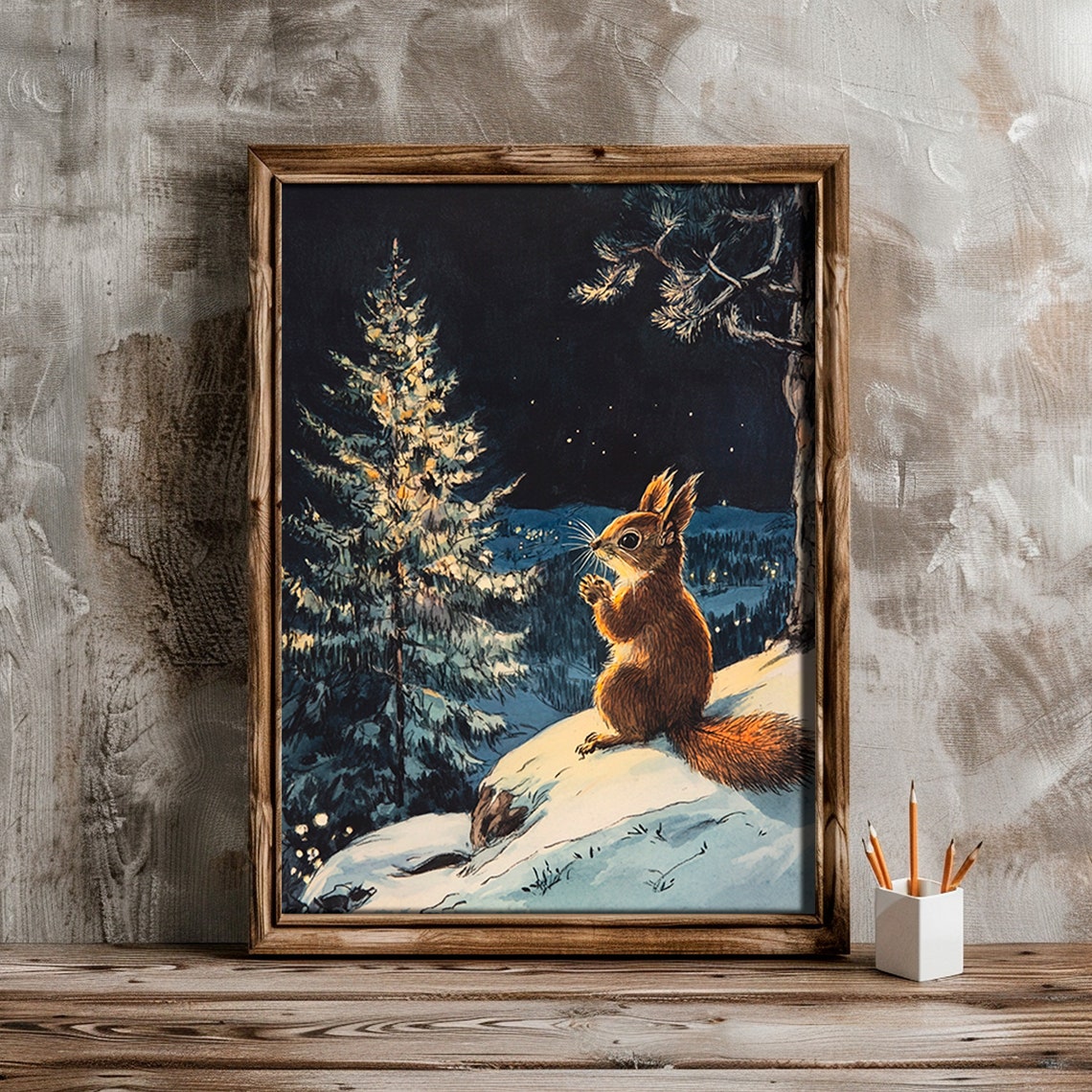 Red Squirrel Snowy Night Forest Storybook Animal Painting Poster - Image 6