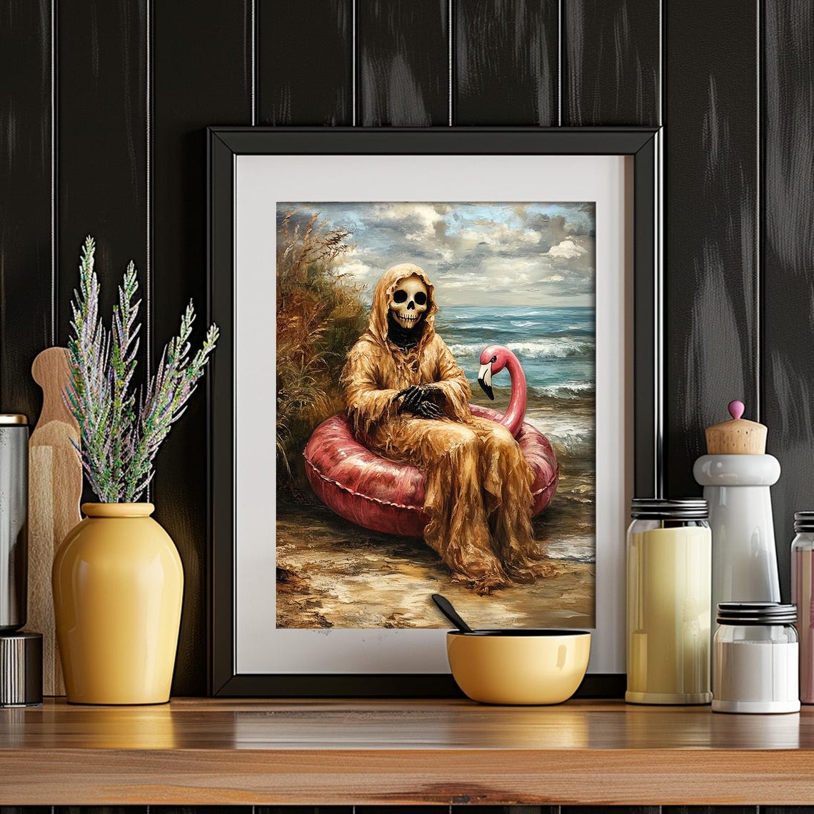 Grim Reaper Skeleton Pink Flamingo Float Beach Halloween Wall Art - Image 5